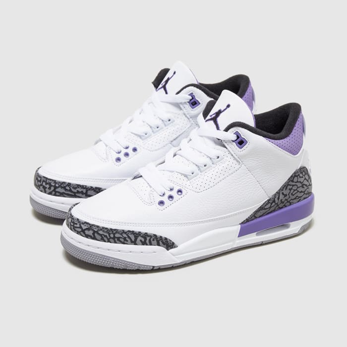 Air Jordan 3 'Dark Iris' drops on August 24, 2022, for $200. The white and purple sneakers pay a subtle nod to Los Angeles Lakers legend Kobe Bryant.